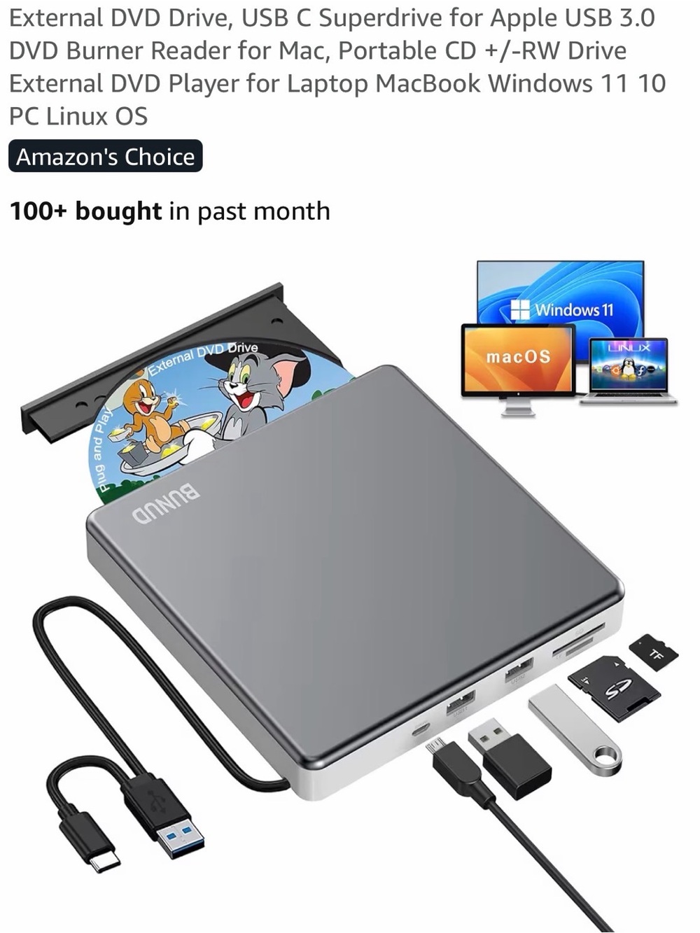External USB-C Portable DVD Drive - Gray